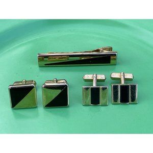 Vintage 1960s Lot Black & Goldtone Enamel Cufflinks Tie clip